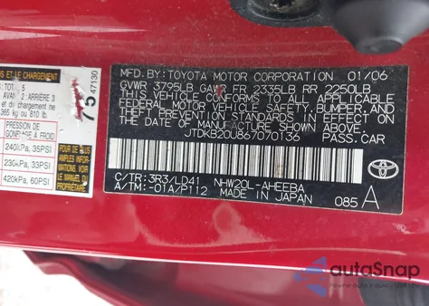 2006 Toyota Prius z USA, uszkodzony, nr VIN JTDKB20U867070136